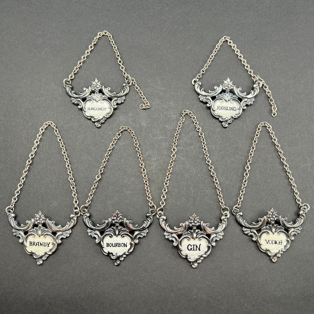 Vintage Liquor Decanter Labels Set Silver Tone Made in England Ornate 6pc